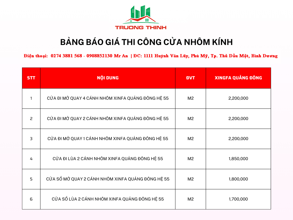 Giá Thi Công Làm Cửa Nhôm Xingfa Tại Dĩ An Bình Dương.